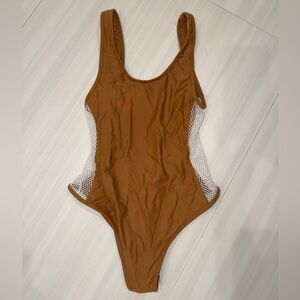 Tan One-Piece Swimsuit with White Mesh Accents